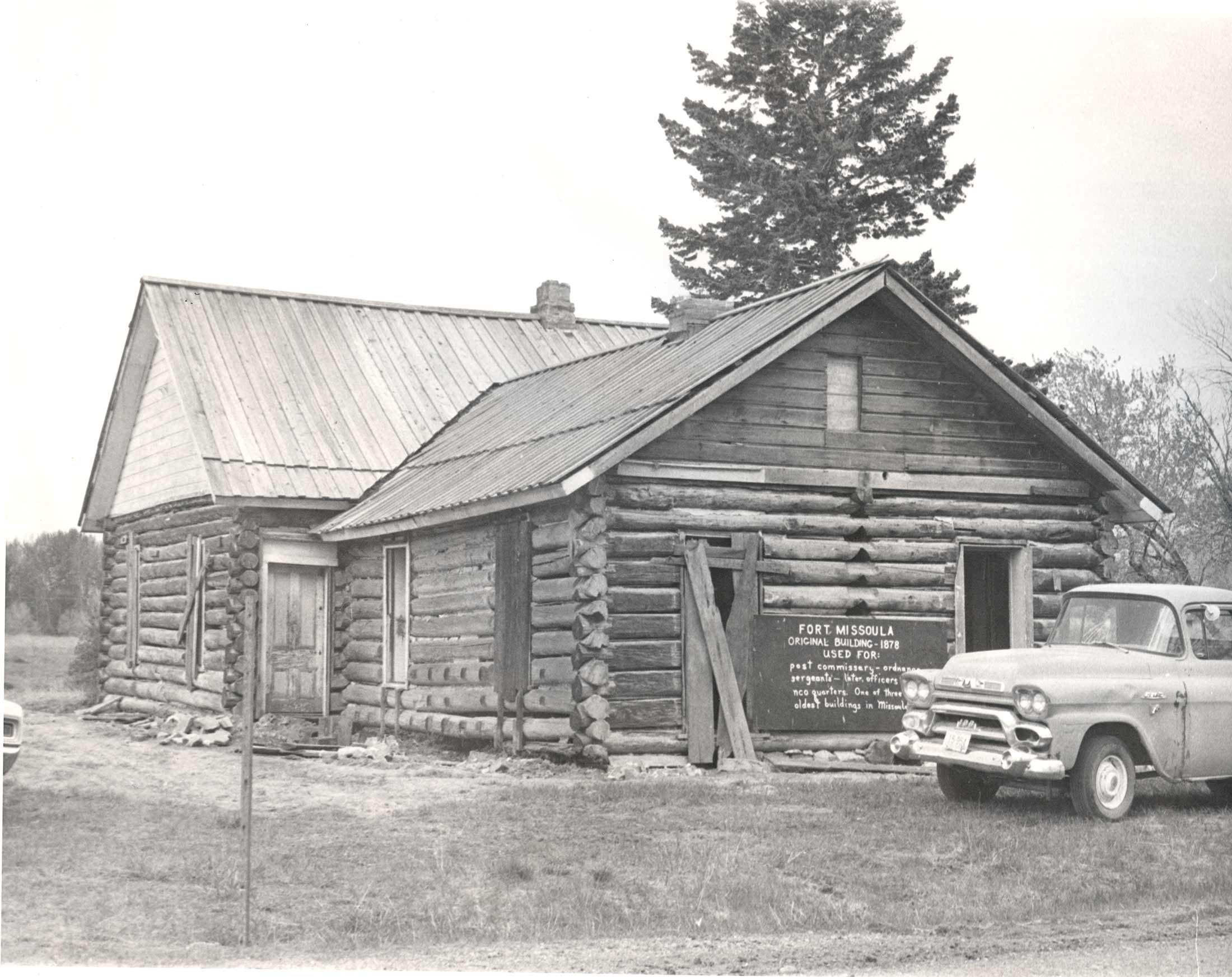 Black and white image of the NCO Quarters being restored