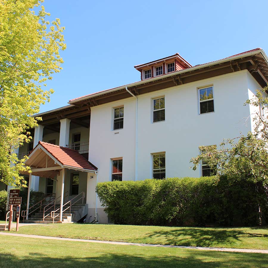 The front of building 24 at Fort Missoula, looking toward entrance of Lolo National Forest Offices.